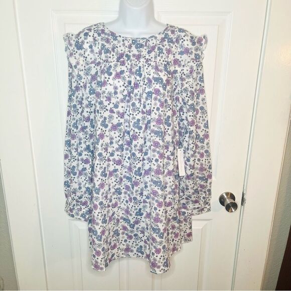 Modcloth Floral Prairie Doll Mini Dress Ruffle Shoulder Purple Blue L NWT - Picture 4 of 12